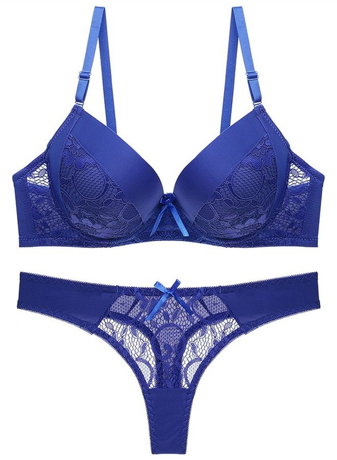 Loquat Solid Color B C Cup Lace Bra Panty Set Blue 