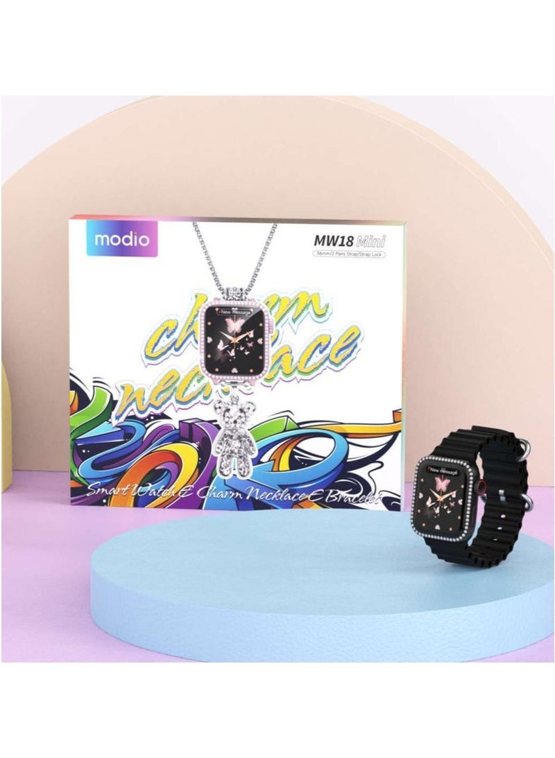 modio MW18 Mini Smart Watch with 36mm HD Display, 2 Interchangeable Straps, Stylish Chain Necklace & Bracelet, Wireless Charger, Fitness Tracker, Heart Rate Monitor, Sleep & Call Notifications, Compact Women’s Watch – Pink  - Image 3