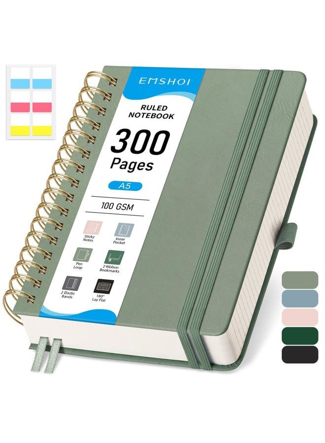 EMSHOI Spiral Notebook College Ruled, Large B5 300 Numbered Pages Leather Hardcover Lined Journal with Ruler, PVC Pocket, Pen Holder & Bookmark, for Work School Writing, 7.48"x10.15", Light Green - Image 1
