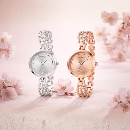 Matrix Stainless Steel Daisy Collection | Stone Studded Rose Gold Dial With Stone Studded Bracelet Chain Analog Watch For Women & Girls, Bandcolor-Rose Gold - Image 5