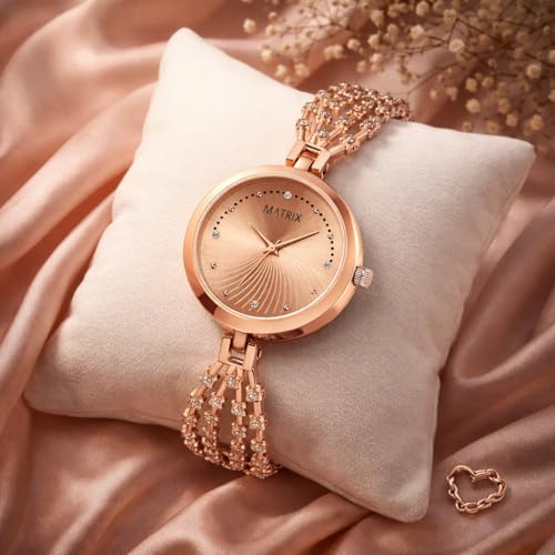 Matrix Stainless Steel Daisy Collection | Stone Studded Rose Gold Dial With Stone Studded Bracelet Chain Analog Watch For Women & Girls, Bandcolor-Rose Gold - Image 2