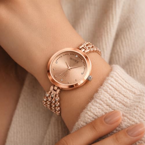 Matrix Stainless Steel Daisy Collection | Stone Studded Rose Gold Dial With Stone Studded Bracelet Chain Analog Watch For Women & Girls, Bandcolor-Rose Gold - Image 4