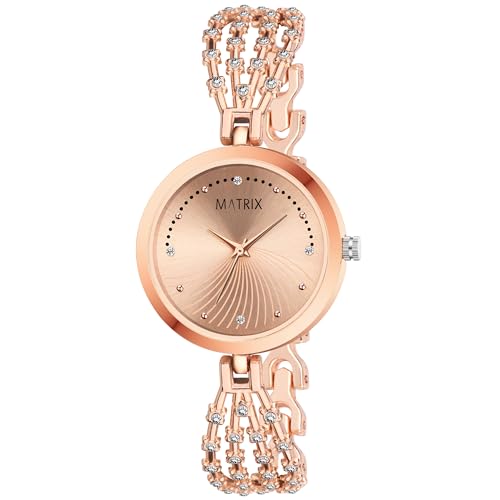 Matrix Stainless Steel Daisy Collection | Stone Studded Rose Gold Dial With Stone Studded Bracelet Chain Analog Watch For Women & Girls, Bandcolor-Rose Gold - Image 1