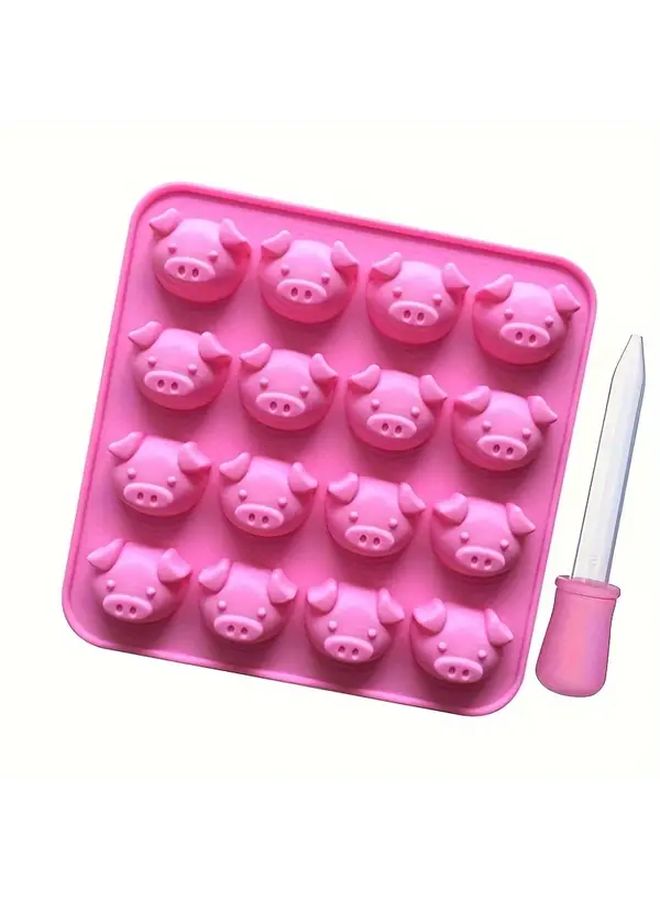 2pc Pink Silicone Pig Head Baking Mold With Dropper For DIY Cake Chocolate - Image 1