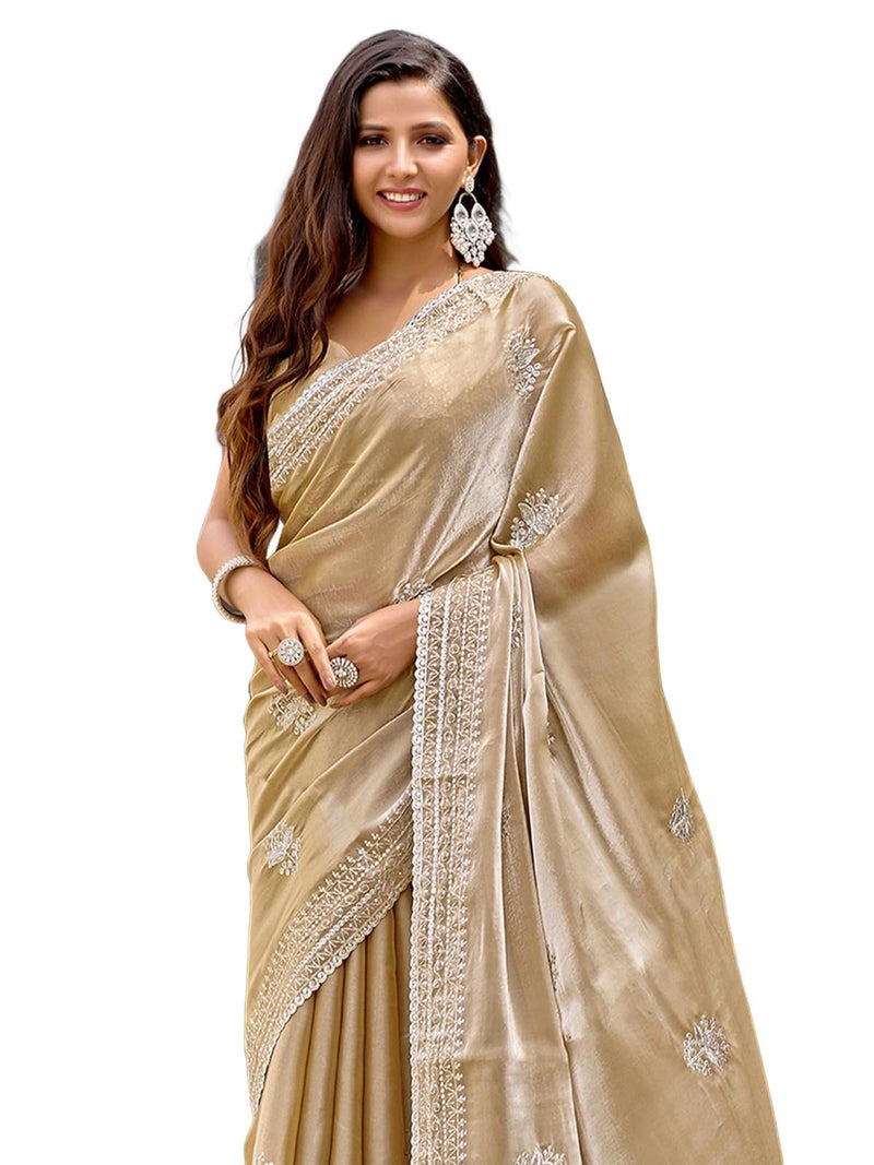 Satrani Women's Tissue Silk Scalloped Border Sequin Embroidery Saree with Unstitched Blouse Piece (4625S6980N_Beige5) - Image 1