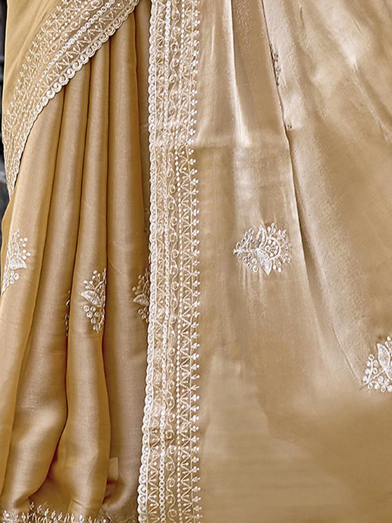 Satrani Women's Tissue Silk Scalloped Border Sequin Embroidery Saree with Unstitched Blouse Piece (4625S6980N_Beige5) - Image 5