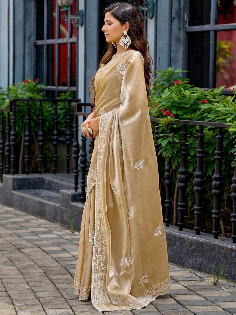 Satrani Women's Tissue Silk Scalloped Border Sequin Embroidery Saree with Unstitched Blouse Piece (4625S6980N_Beige5) - Image 2