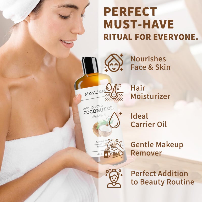 MAYJAM Organic Fractionated Coconut Oils Liquid 16oz, 100% Pure & Natural USDA Certified Cold Pressed Coconut Carrier Oil for Face Skin & Hair Moisturizing, Body Massage Oil for Essential Oils Mixing - Image 3