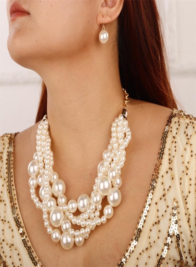 Aimimier Boho Multi-Strand Faux Pearl Choker Necklace with Earrings Bib Collar Braided Statement Necklace Costume Accessories for Women - Image 3