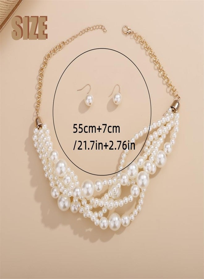 Aimimier Boho Multi-Strand Faux Pearl Choker Necklace with Earrings Bib Collar Braided Statement Necklace Costume Accessories for Women - Image 4