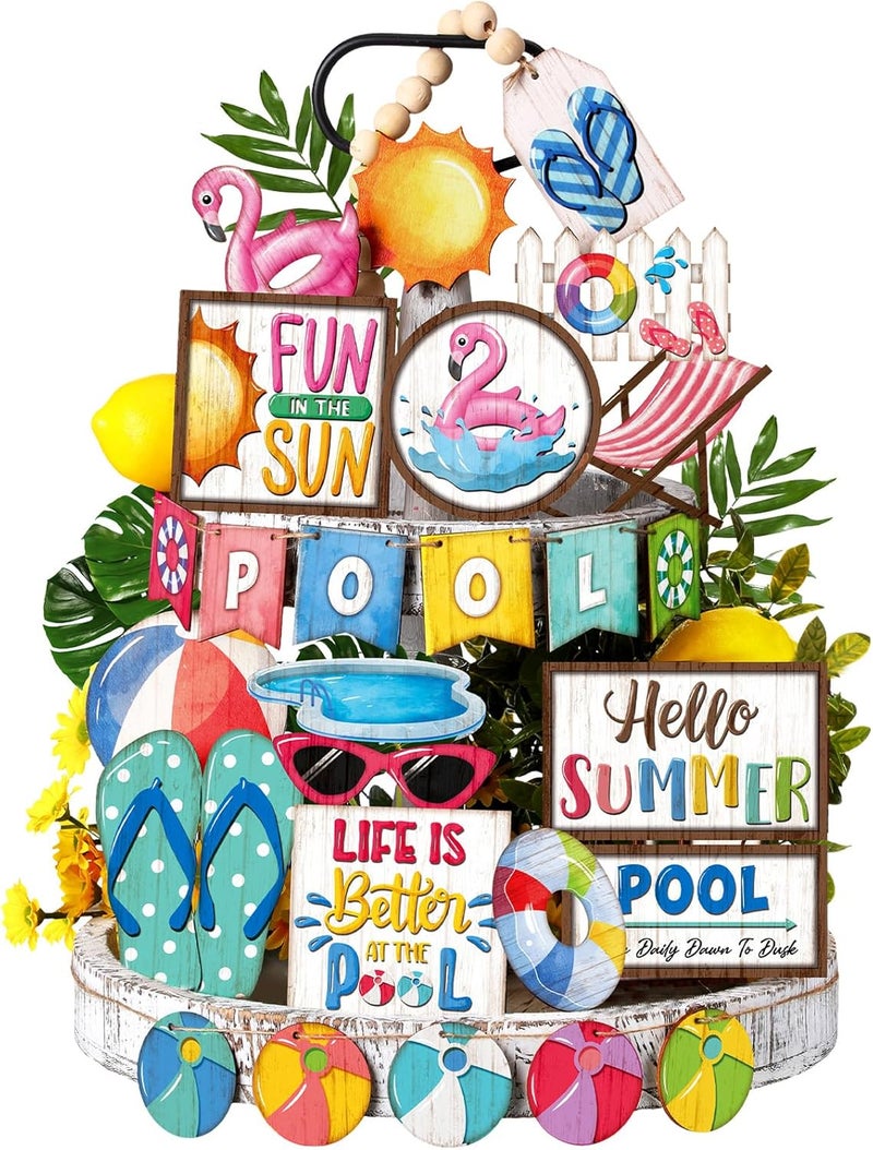Seeloowy 26 Pcs Summer Swimming Pool Tiered Tray Decoration Summer Wood Signs Kitchen Decoration Rustic Farmhouse Tiered Tray Table Decorations for Home Party - Image 1