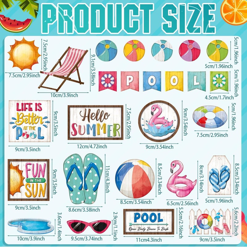 Seeloowy 26 Pcs Summer Swimming Pool Tiered Tray Decoration Summer Wood Signs Kitchen Decoration Rustic Farmhouse Tiered Tray Table Decorations for Home Party - Image 3