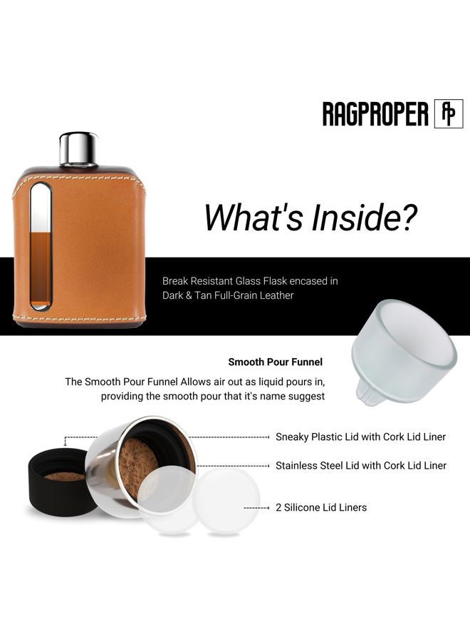 Ragproper Modern Glass Hip Flask - Durable Leather Covered Flask for Whiskey, Spirits, & Other Liquor - Ideal Glass Flask for Men & Women (Double Shot 240ml, Leather Dark & Tan) - Image 4