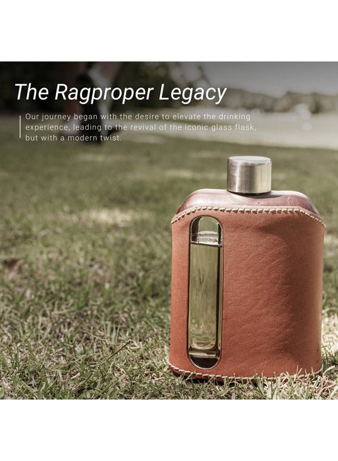 Ragproper Modern Glass Hip Flask - Durable Leather Covered Flask for Whiskey, Spirits, & Other Liquor - Ideal Glass Flask for Men & Women (Double Shot 240ml, Leather Dark & Tan) - Image 5