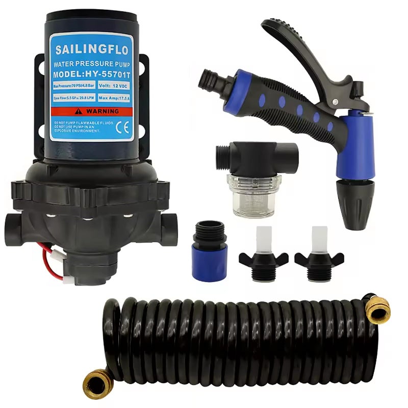 Sailingflo Washdown Kit Deck Wash Pump 55 GPM 70 PSI 12V Selfpriming 5 Chamber Diaphragm Water Pressure Pump with 12 Inch FNPT Ports for Marine RV Boat Yacht Car Mini Motor