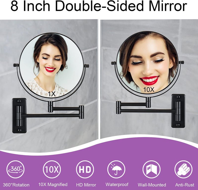 Lansi Wall Mounted Magnifying Makeup Mirror with 1X 10X Magnification and Extendable Arm, 8 Inch Double Sided Vanity Mirror for Bathroom, Wall Mirror for Teen Girls, Women, Matte Black - Image 3