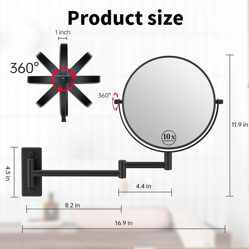 Lansi Wall Mounted Magnifying Makeup Mirror with 1X 10X Magnification and Extendable Arm, 8 Inch Double Sided Vanity Mirror for Bathroom, Wall Mirror for Teen Girls, Women, Matte Black - Image 5