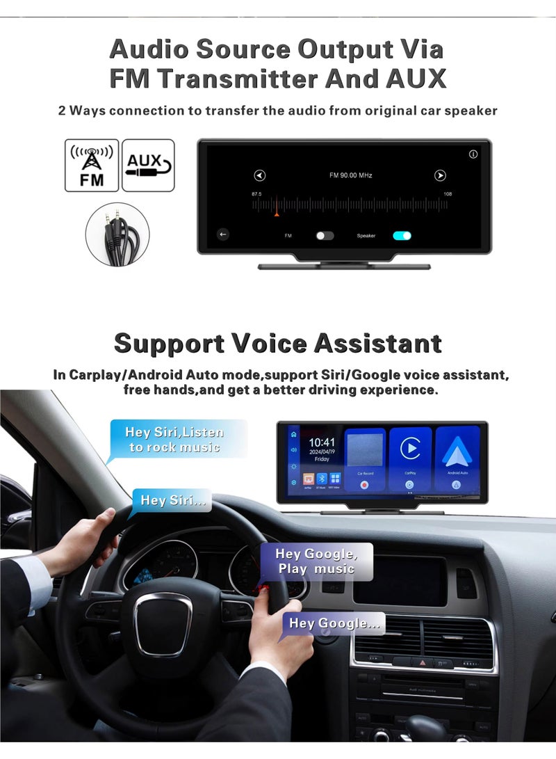 BlueFire 10.26-Inch 1080P Touchscreen Car Display with Wireless CarPlay & Android Auto, Dual 1080P Front & Rear DVR Cameras, FM Transmitter, Bluetooth Music Player, and Phone Mirroring | Smart Dashboard Monitor with Voice Control & Real-Time Recording for All Vehicles - Image 3