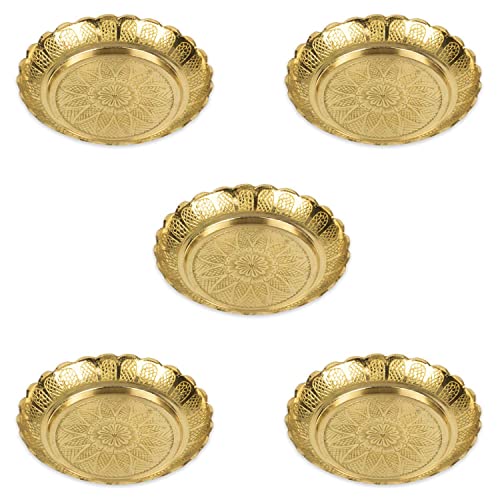 Klassic Small Brass Puja Thali/Bhog Thali for Mandir with Flower Engraved Design for Home & Temple Decoration & Gifting (Gold, 4 Inch, Pack of 5) - Image 1