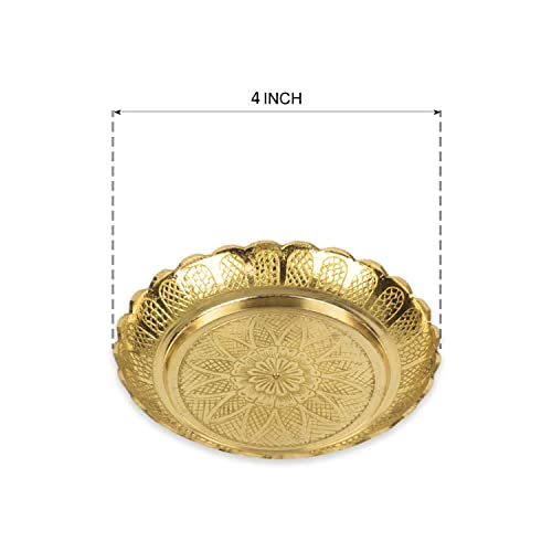 Klassic Small Brass Puja Thali/Bhog Thali for Mandir with Flower Engraved Design for Home & Temple Decoration & Gifting (Gold, 4 Inch, Pack of 5) - Image 3