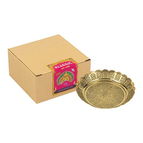 Klassic Small Brass Puja Thali/Bhog Thali for Mandir with Flower Engraved Design for Home & Temple Decoration & Gifting (Gold, 4 Inch, Pack of 5) - Image 2