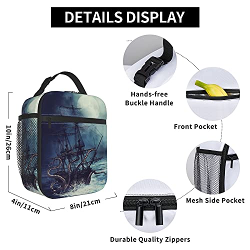 Groamaup Insulated Lunch Bag Night Scene with Pirate Ship Octopus Reusable Side Pocket Cooler Container Bags for Office Travel - Image 4