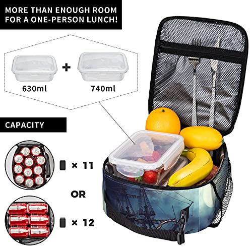 Groamaup Insulated Lunch Bag Night Scene with Pirate Ship Octopus Reusable Side Pocket Cooler Container Bags for Office Travel - Image 3