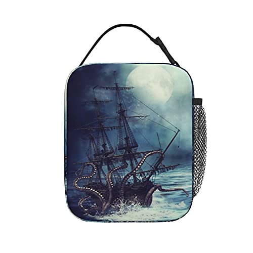 Groamaup Insulated Lunch Bag Night Scene with Pirate Ship Octopus Reusable Side Pocket Cooler Container Bags for Office Travel - Image 2