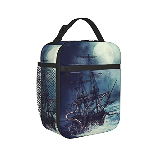Groamaup Insulated Lunch Bag Night Scene with Pirate Ship Octopus Reusable Side Pocket Cooler Container Bags for Office Travel - Image 1