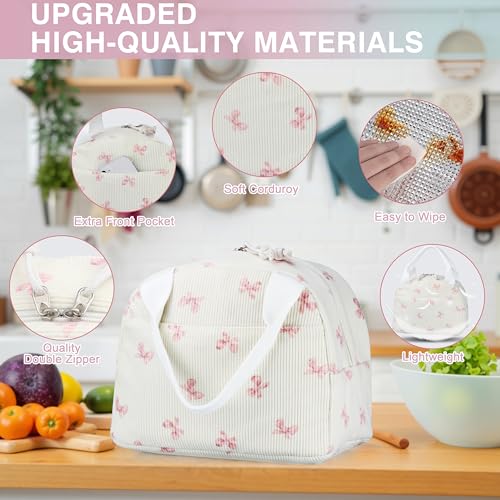 TESAFNG Lunch Bag - Insulated Lunch Box for Women, Reusable Large Capacity Cooler Bag for Adult, Small Leakproof Cute Corduroy Lunch Tote for Work Office Travel Picnic (Pink Bow) - Image 3