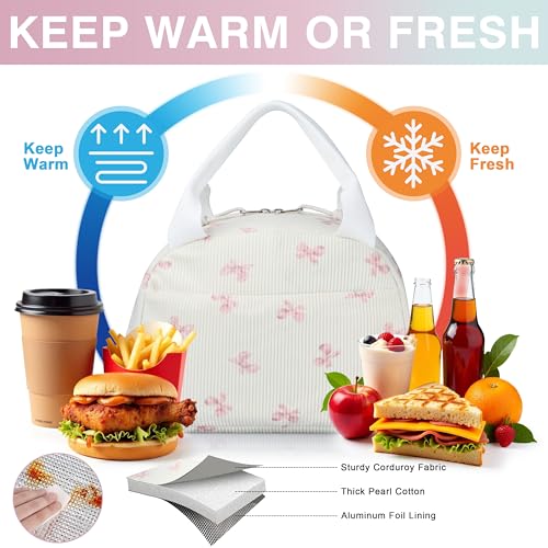 TESAFNG Lunch Bag - Insulated Lunch Box for Women, Reusable Large Capacity Cooler Bag for Adult, Small Leakproof Cute Corduroy Lunch Tote for Work Office Travel Picnic (Pink Bow) - Image 5