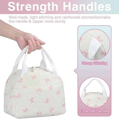 TESAFNG Lunch Bag - Insulated Lunch Box for Women, Reusable Large Capacity Cooler Bag for Adult, Small Leakproof Cute Corduroy Lunch Tote for Work Office Travel Picnic (Pink Bow) - Image 4