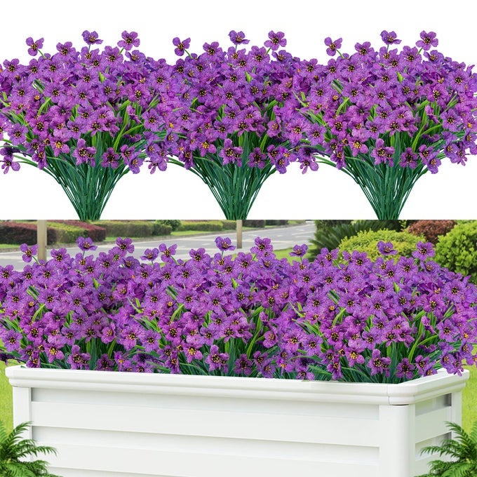 24 PCS ARTIFICIAL FLOWERS FOR OUTDOORPLASTIC FLOWERS DECORATION UV RESISTANT FAUX FLOWERS SHRUBS ARTIFICIAL PLANTS FOR INDOOR OUTSIDE GARDEN HOME WEDDING FARMHOUSEPURPLE
