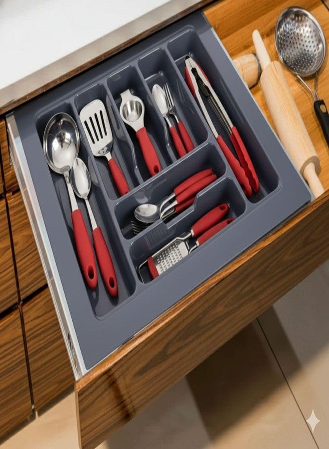 LEVON Cutlery Tray for Kitchen Drawer | Multipurpose Modular Organizer for Cutlery, Stationery & Tools | Adjustable Kitchen Drawer Basket for Spoons, Forks, Knives & Utensils (17x19 Inch, Dark Grey) - Image 4