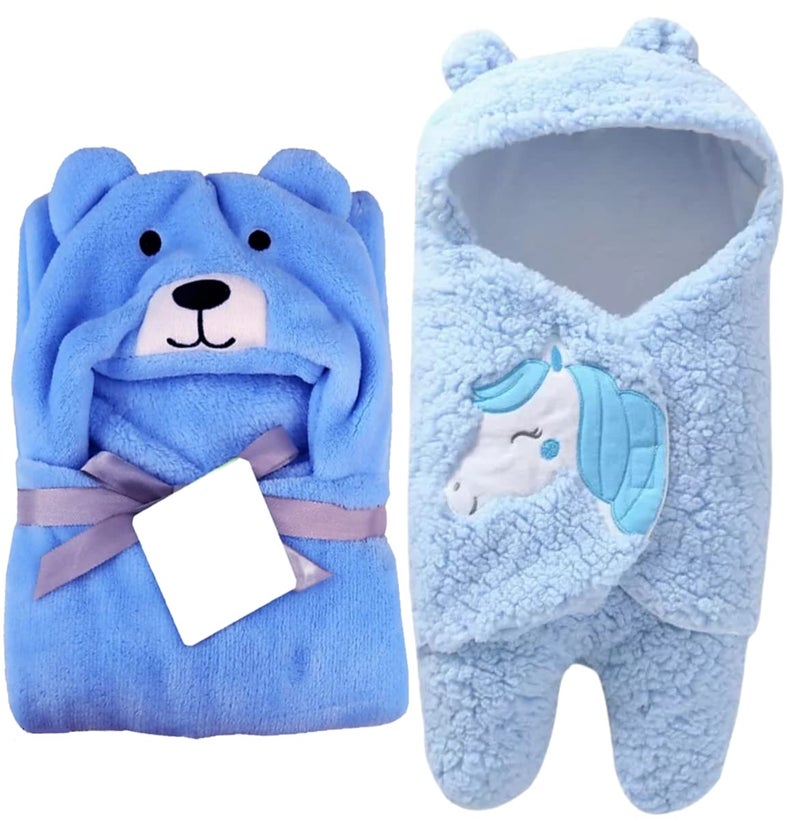 First Kick First Kick Baby Blankets New Born Combo Pack of Hooded Wrapper Sleeping Bag Baby Bath Towel for 06 Months Baby BoyGirls Pack of 2 lightweight Microfibre Fleece Sherpa blue dog unicorn blue