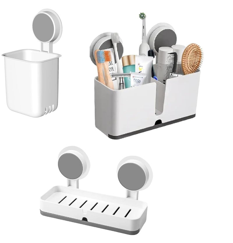 XBEY Toothbrush Holders for Bathroom | Toothbrush Stand for Bathroom | Self Adhesive Toothbrush Holders for Toothbrushes | Bathroom Brush Holder (Twin Toothbrush + Twin Soap Dish + Toothbrush) - Image 1
