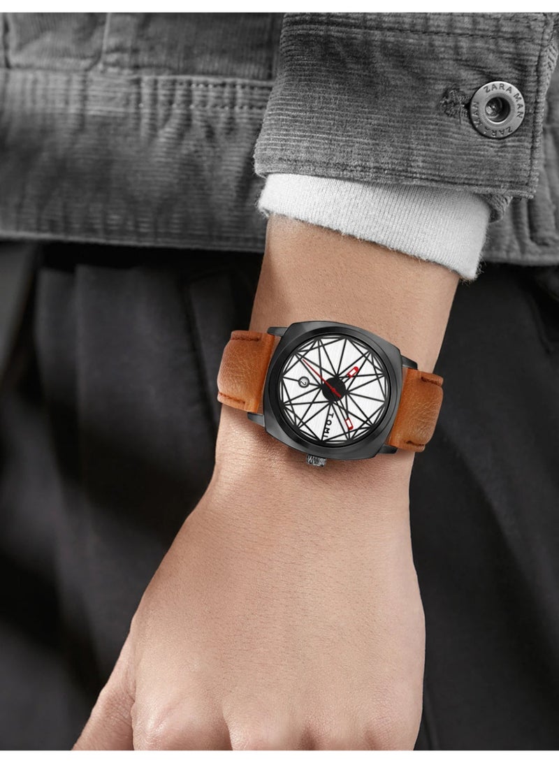 TOMI  Edition Unisex Analog Wrist Watch for Men & Women, Black Leather Strap, Stylish Geometric Dial, Date Display, Fashion Casual Watch - Image 2