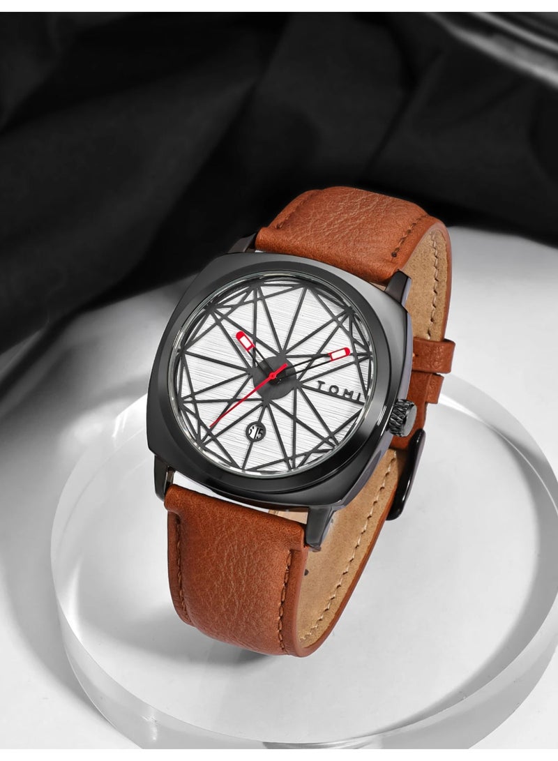 TOMI  Edition Unisex Analog Wrist Watch for Men & Women, Black Leather Strap, Stylish Geometric Dial, Date Display, Fashion Casual Watch - Image 4