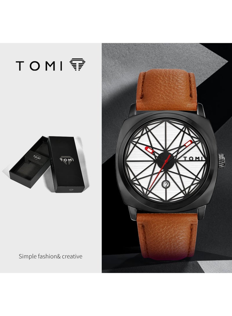TOMI  Edition Unisex Analog Wrist Watch for Men & Women, Black Leather Strap, Stylish Geometric Dial, Date Display, Fashion Casual Watch - Image 1