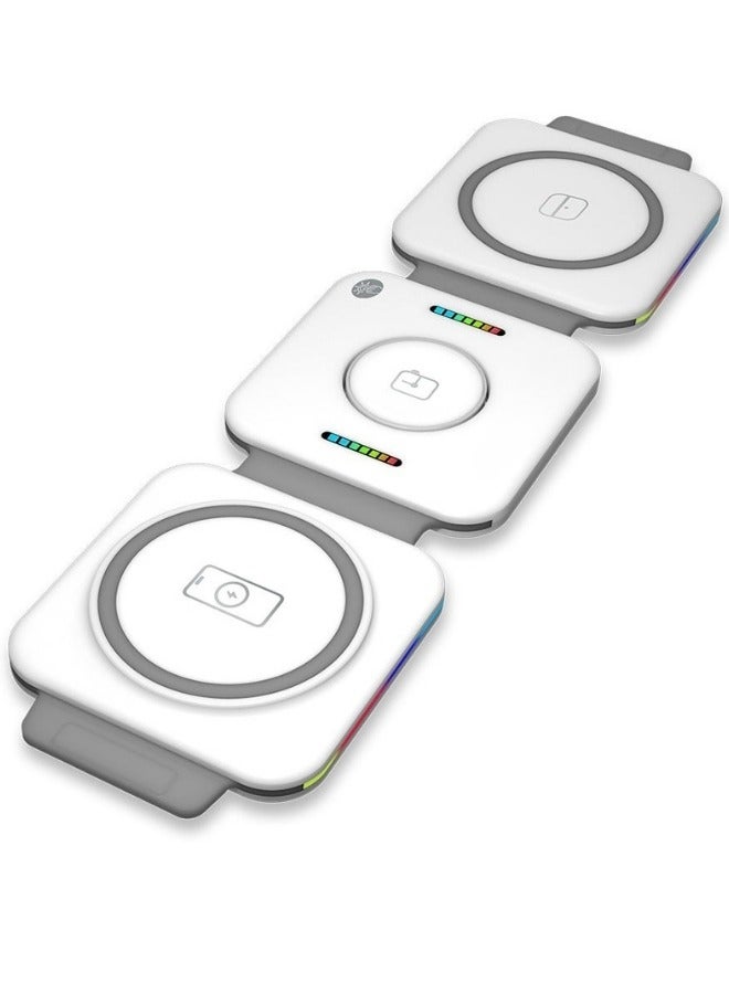 شاحن لاسلكي 3 في 1 قابل للطي – متوافق مع MagSafe® للشحن السريع لهواتف iPhone، Apple Watch وAirPods – شحن لاسلكي ذكي يصل إلى 15 واط مع شريحة ذكية مدمجة، تحكم باللمس، ويدعم شحن عدة أجهزة – يشمل كابل USB-C بطول 1.2 متر – لون أبيض - Image 1