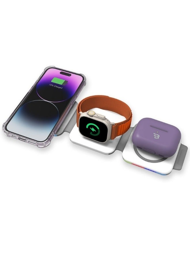 شاحن لاسلكي 3 في 1 قابل للطي – متوافق مع MagSafe® للشحن السريع لهواتف iPhone، Apple Watch وAirPods – شحن لاسلكي ذكي يصل إلى 15 واط مع شريحة ذكية مدمجة، تحكم باللمس، ويدعم شحن عدة أجهزة – يشمل كابل USB-C بطول 1.2 متر – لون أبيض - Image 3