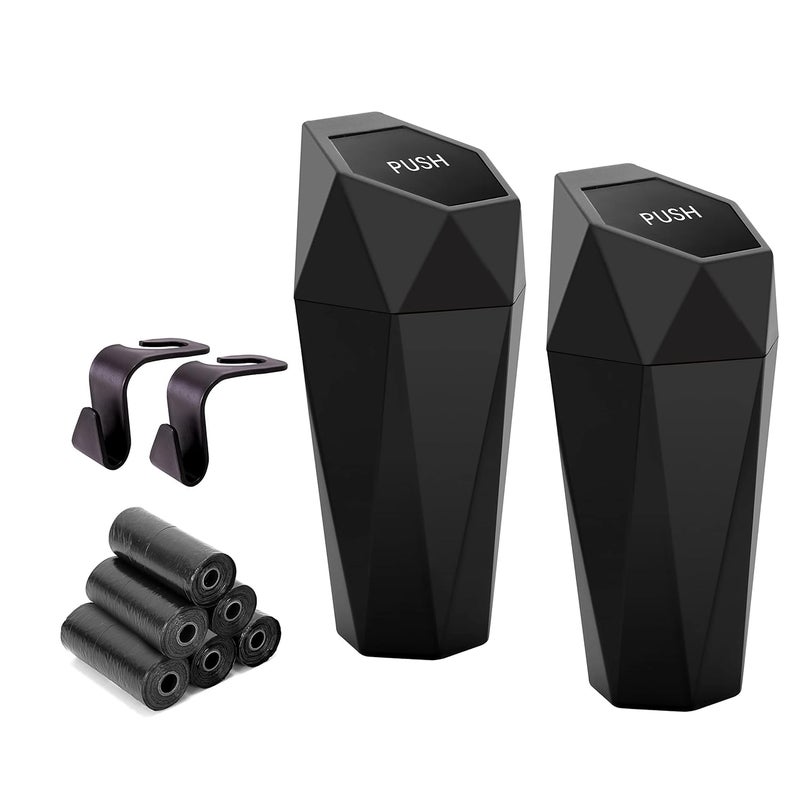 Ginsco Car Cup Holder Trash Can, Leakproof Mini Trash with Lid and 90 Bags, 2 Pack for Car and Home with 2 ABS Hooks, Black - Image 1