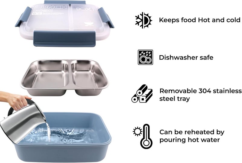 BrainGiggles Stainless Steel Bento Box – Blue Lunch Box for Adults and Kids with 2 Compartments | Leakproof, Insulated, 750ml Lunchbox | Dishwasher Safe Tiffin Box for School, Office & Travel - Image 3