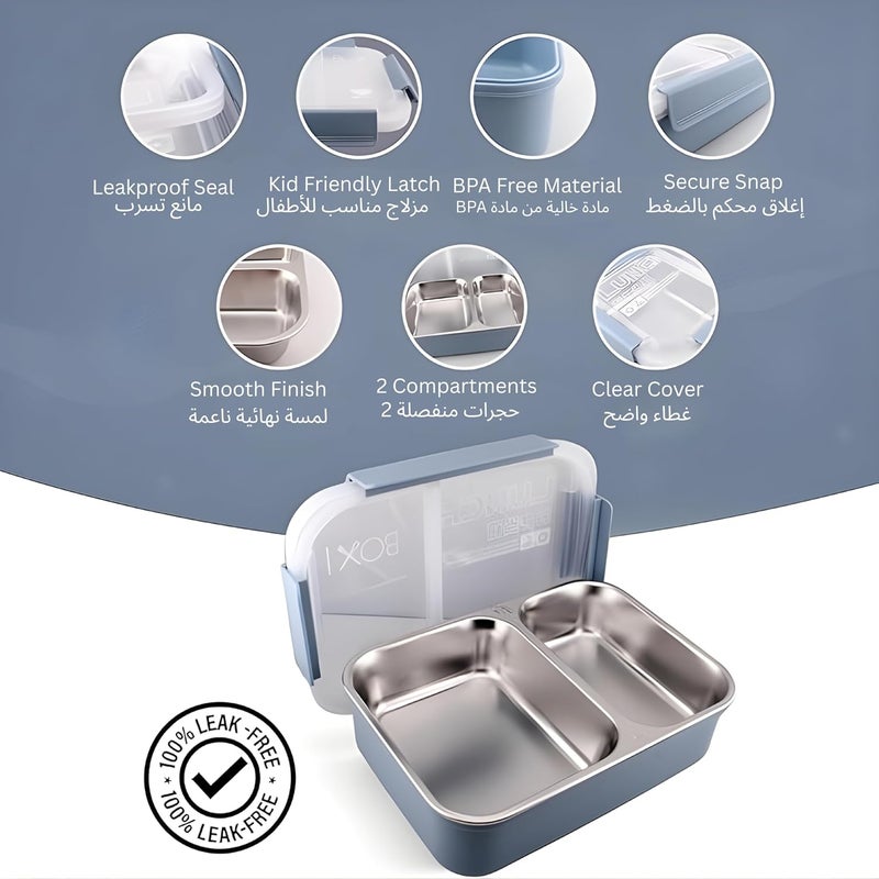 BrainGiggles Stainless Steel Bento Box – Blue Lunch Box for Adults and Kids with 2 Compartments | Leakproof, Insulated, 750ml Lunchbox | Dishwasher Safe Tiffin Box for School, Office & Travel - Image 2