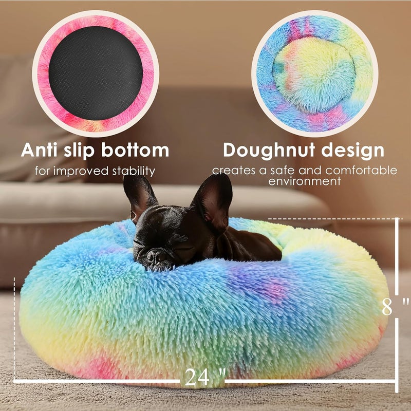 Hoewina Dogs Bed for Small Dogs, Anti-Anxiety Washable Round Bed (Rainbow, 24.0" L x 24.0" W x 8.0" Th) - Image 3
