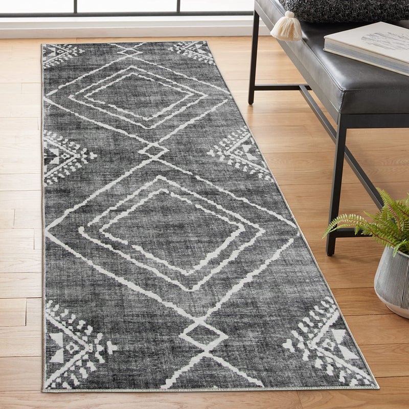 ReaLife Rugs Machine Washable Area Rug Runner  Living Room Bedroom Bathroom Kitchen Entryway Office  Padded Low Pile Stain Resistant Premium  Moroccan Diamond Tribal  Jax  Gray 26 x 8