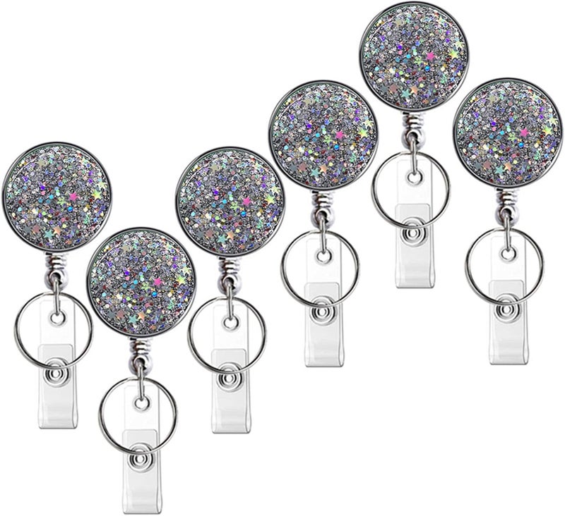Boutilon Retractable Badge Holder, Retractable Badge Reels,Lightweight Plastic Badge Reel Card Holder with Key Ring Backing Belt Clip for Nurse,Volunteer,Teacher,Student(Glitter Silver 6pack) - Image 1