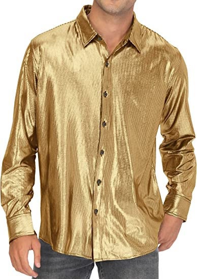 2024 Foreign Trade Casual Mens Dress Shirt Sequin Button-Up Shirt cosplay Lapel Shirt Light gold