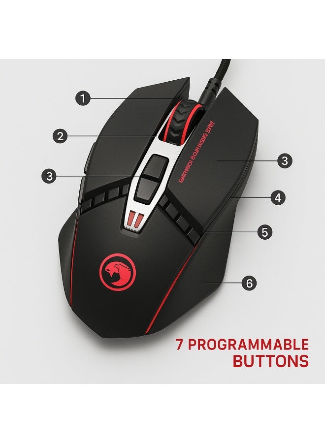 MARVO Gaming Mouse - M112s 4000 DPL - Professional Design - 7 Programmable Buttons - 7-Color RGB Lighting - Optical Sensor - Anti-Interference Braided Cable - Black - Image 2
