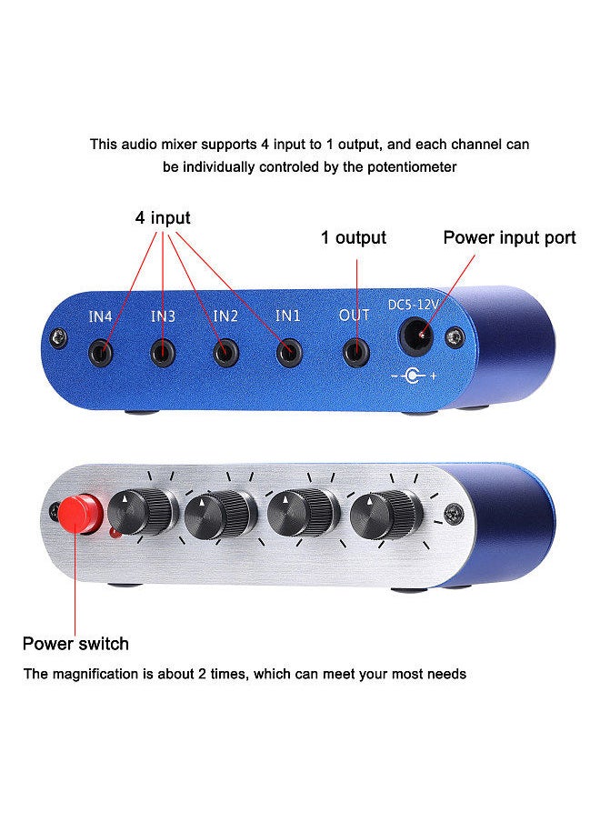 Generic - 3.5mm Audio Mixer Stereo Audio Mixer 4 Input to 1 Output Individually Controls Sound Mixing Tool Headphones Amplifier - Image 1